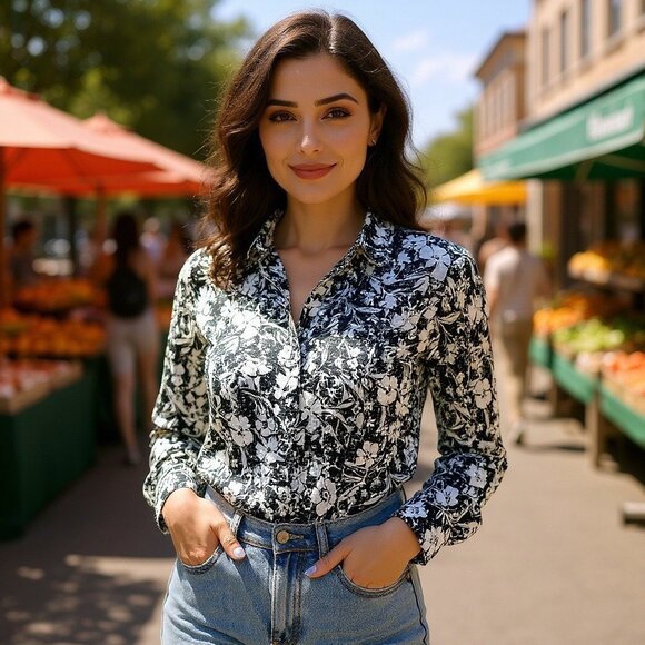 Evan Picone 100% Silk Women's Floral Boho Chic Button Up Shirt - Picture 2 of 14